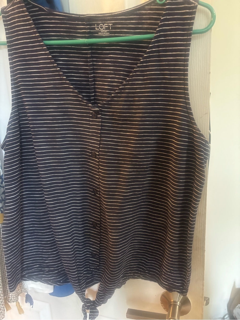 LOFT Navy and White Striped Sleeveless Tie-Hem Tank